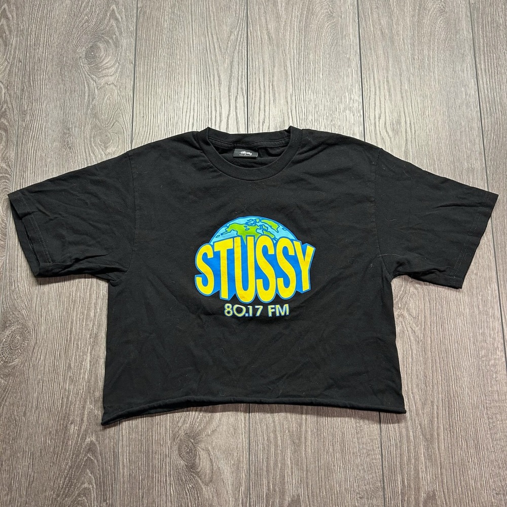 Stussy 80.17 FM Earth Graphic Cropped T-Shirt Black Small Streetwear